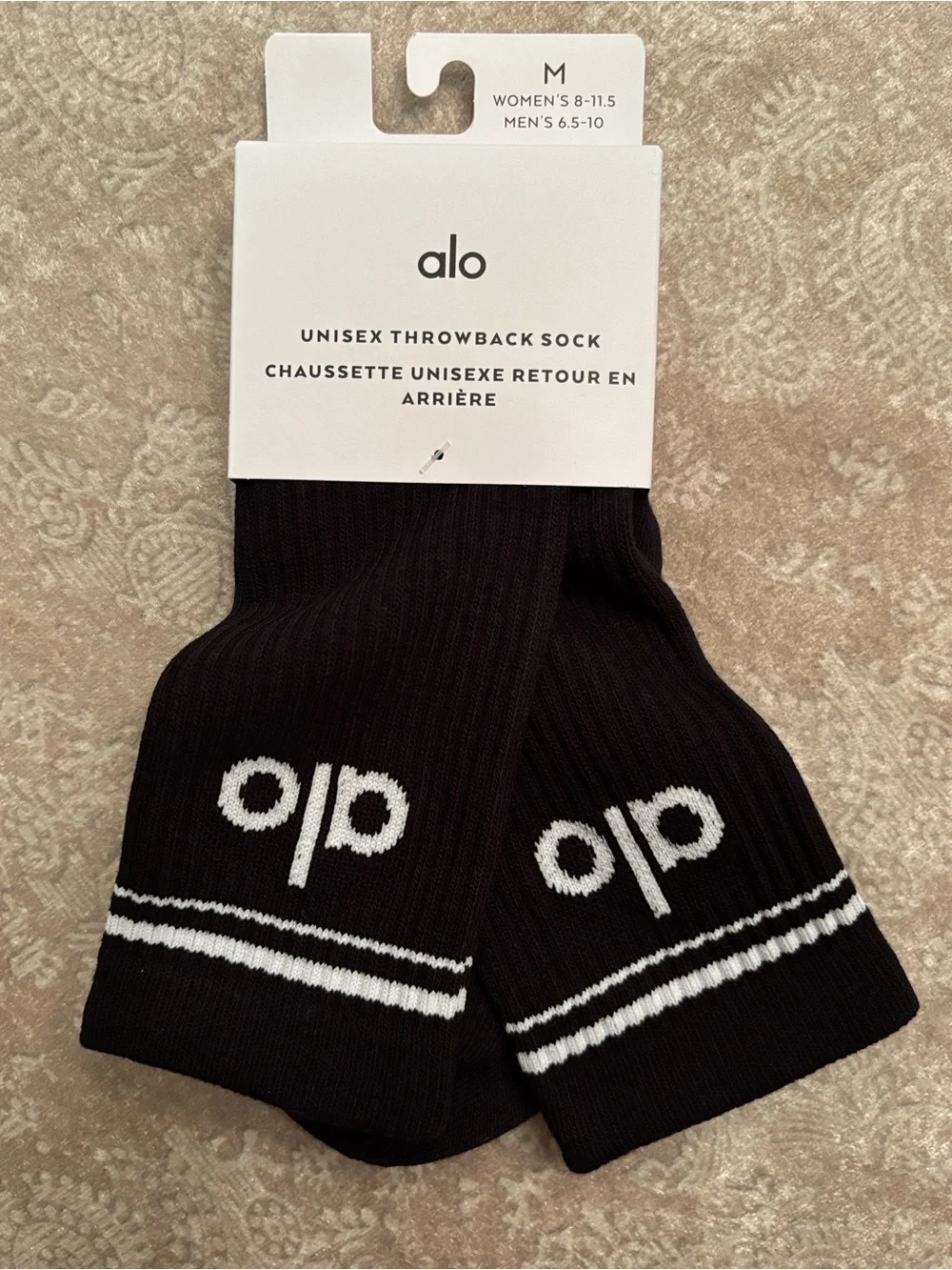 Brand New ALO Unisex Throwback Sock Classic Black White Stripes Comfy Cushioned